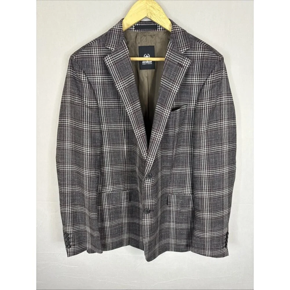 Strellson Extra Slim Fit Blazez Men 40 Plaid‎ Wool Linen Blend Sport Coat EU 50